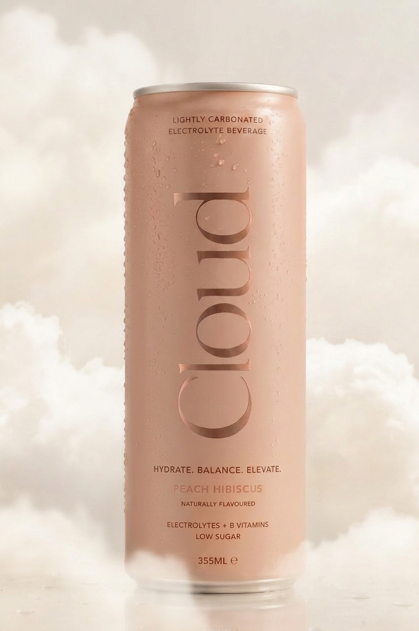 Cloud lightly carbonated electrolyte beverage can, peach hibiscus